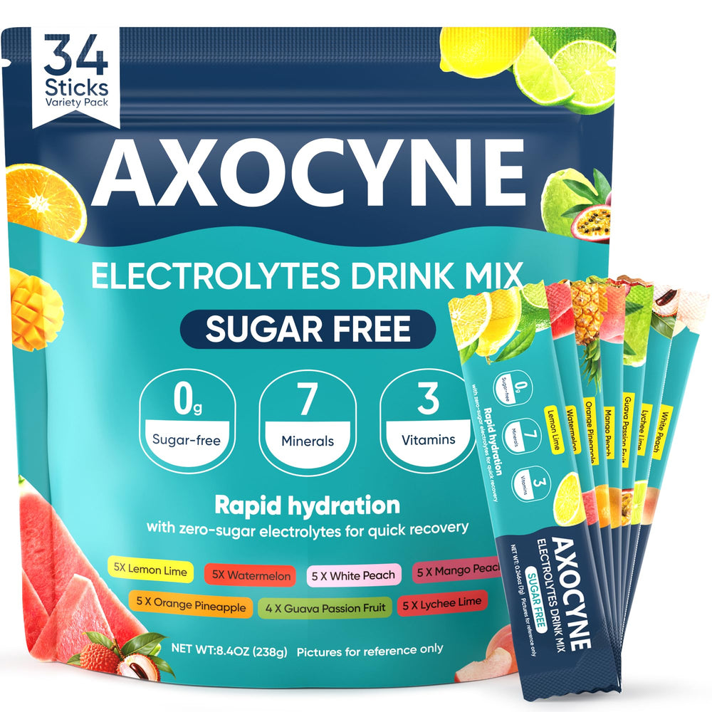 AXOCYNE front box of 34 packets showing variety and convenient portability for hydration