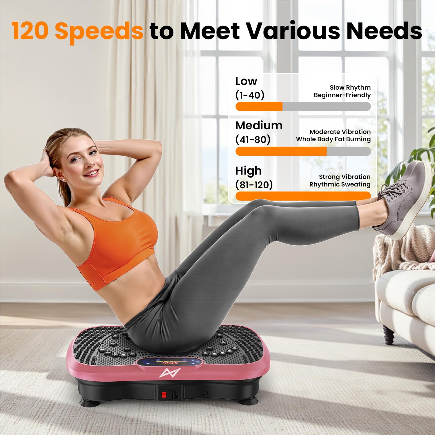 AXV user standing on plate in living room demonstrating quick daily exercise use