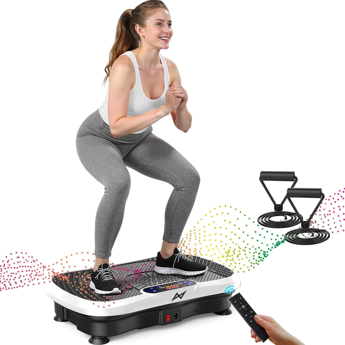 AXV front view of vibrating exercise platform showing compact design and easy storage benefit