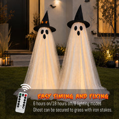AYGXU lit ghost decorations on porch at dusk adding spooky ambiance