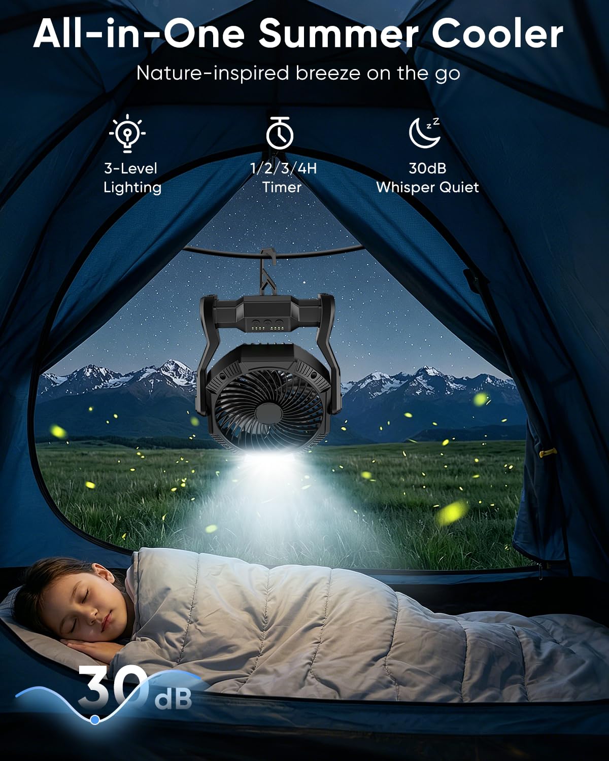 Aynvixt hanging from tent hook offering hands-free overhead cooling