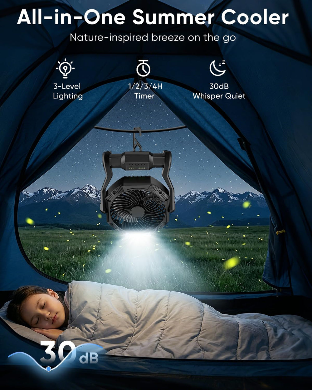 Aynvixt hanging from tent hook offering hands-free overhead cooling