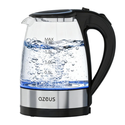 AZEUS electric kettle front view showing sleek design and fast boiling benefit