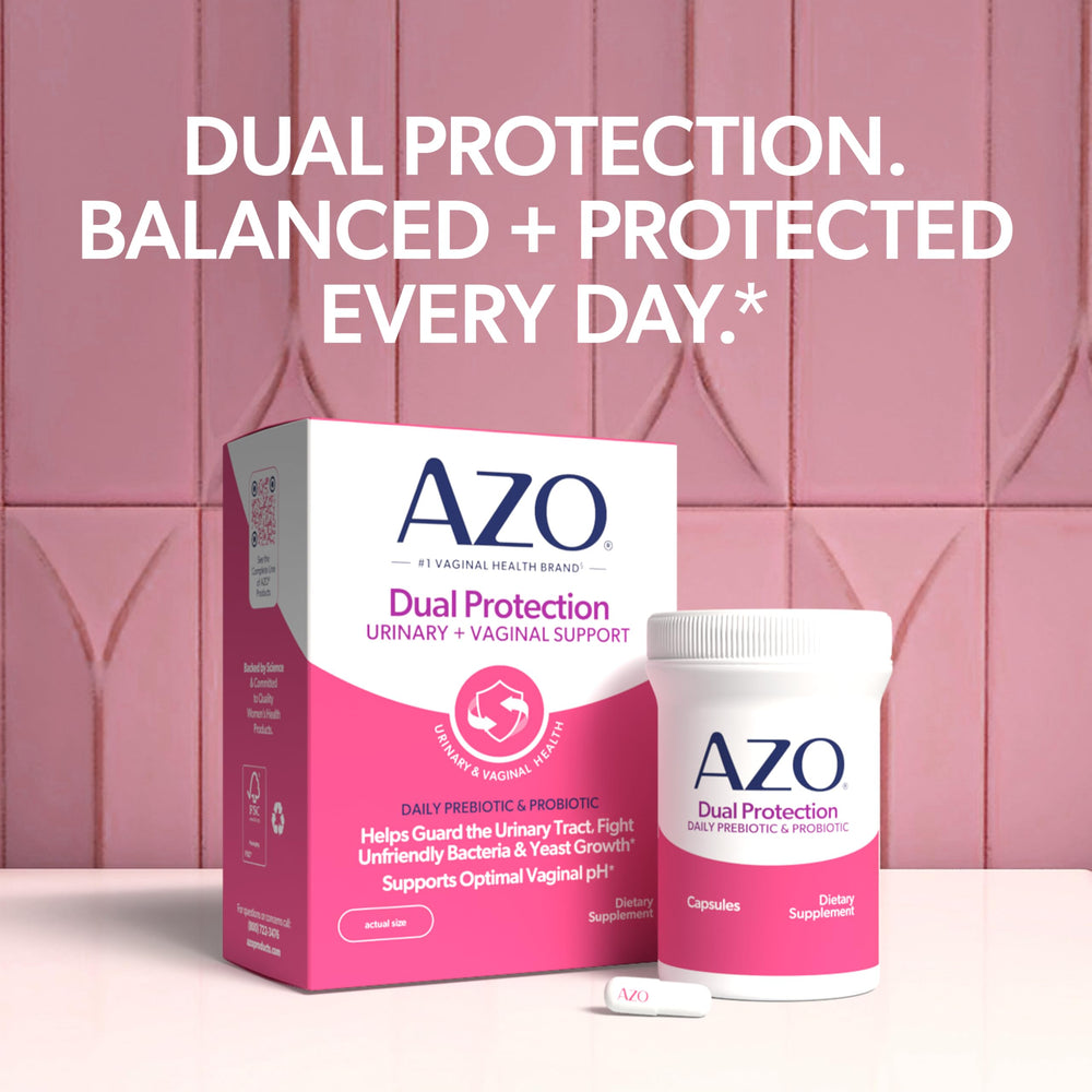 AZO bottle in travel bag illustrating portability and on-the-go vaginal health support