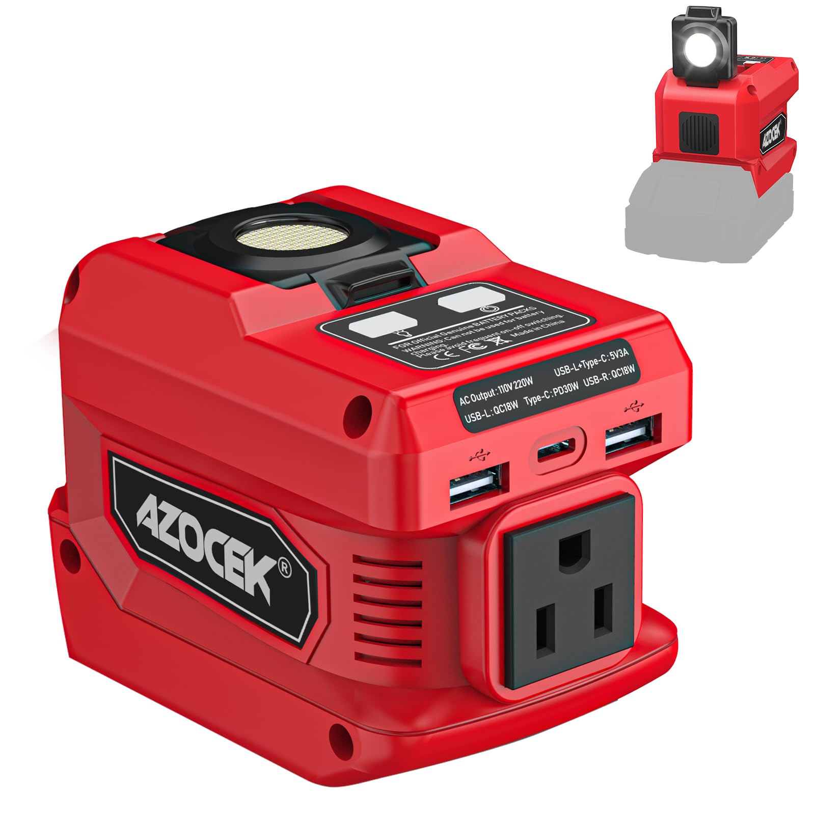 Azocek front view showing AC outlet and USB ports for versatile charging benefits