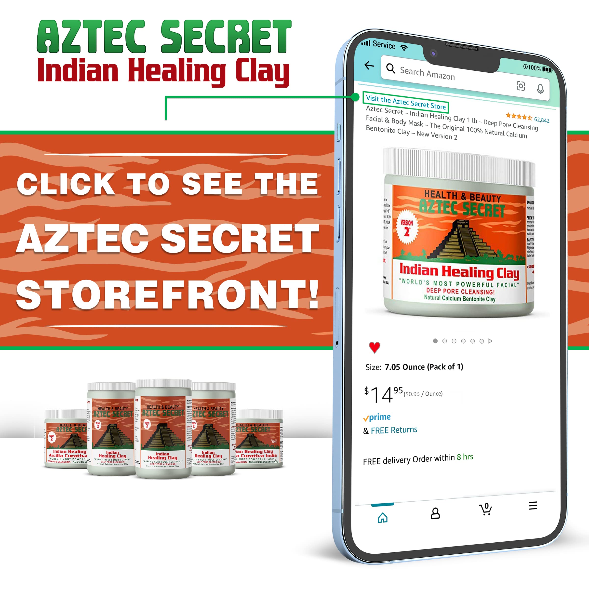 Aztec Secret jar beside ruler for scale showing true product size benefit