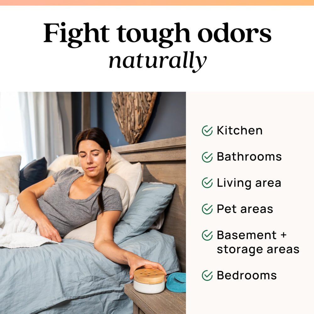 Azuna jar placed on bathroom counter demonstrating odor control benefit