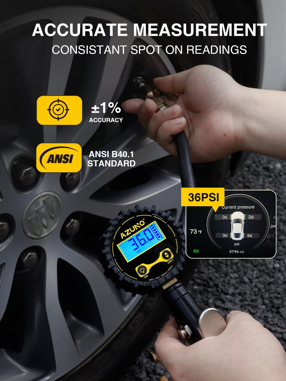 AZUNO digital gauge close-up with bright screen for easy reading