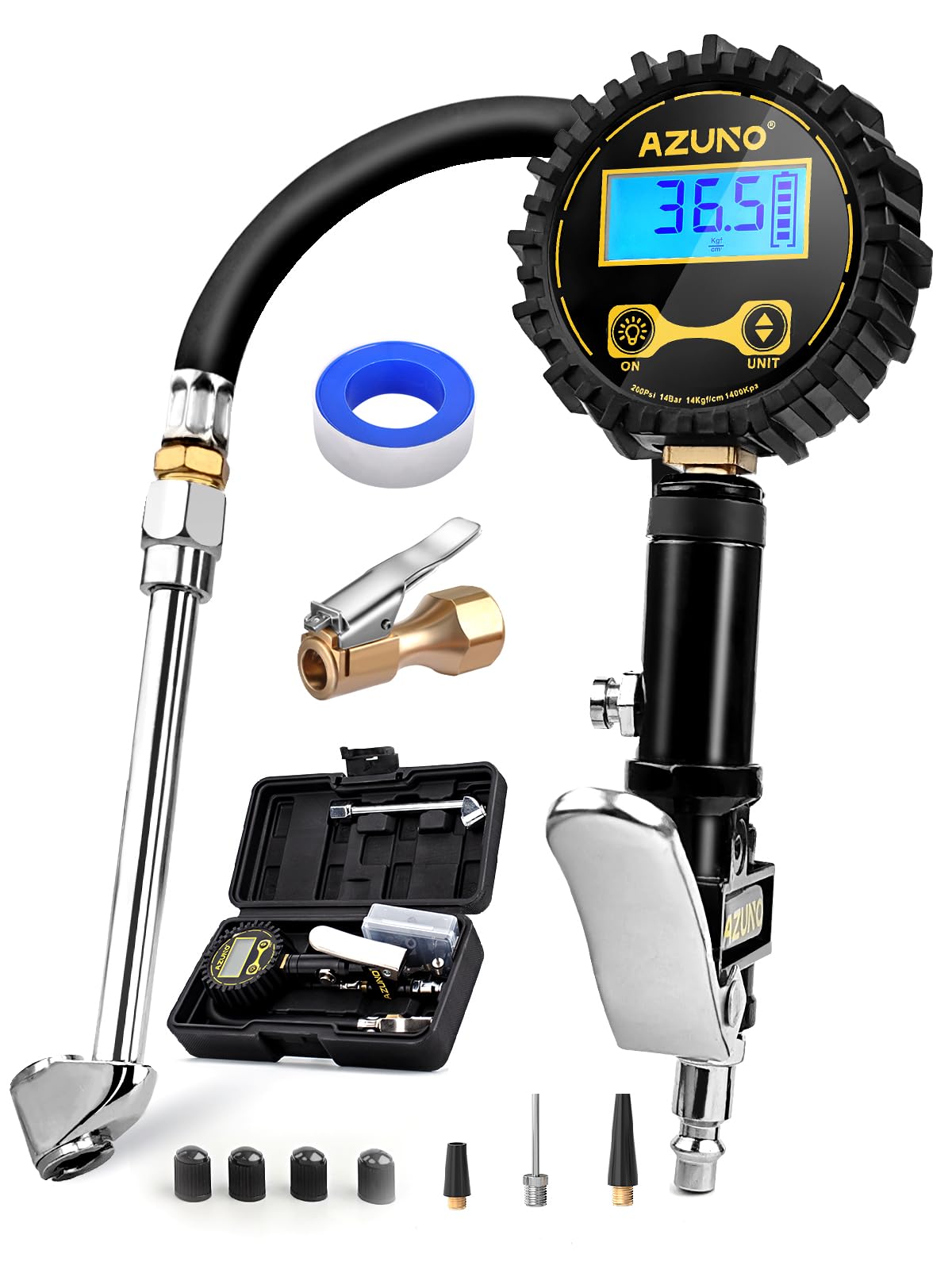 AZUNO front view inflator in box showing portability and protection