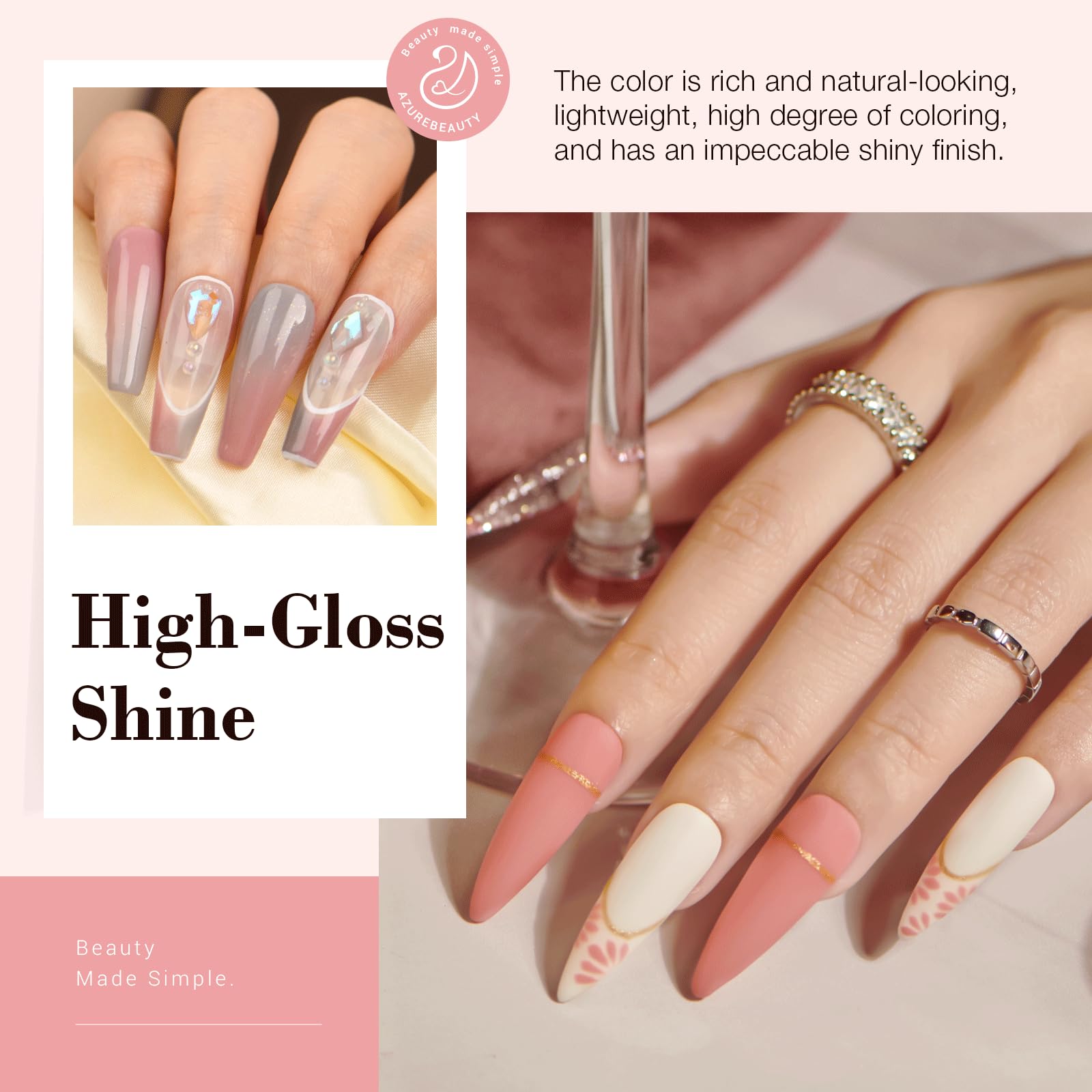 AZUREBEAUTY color swatch array of 20 nude and pink shades for mixable looks