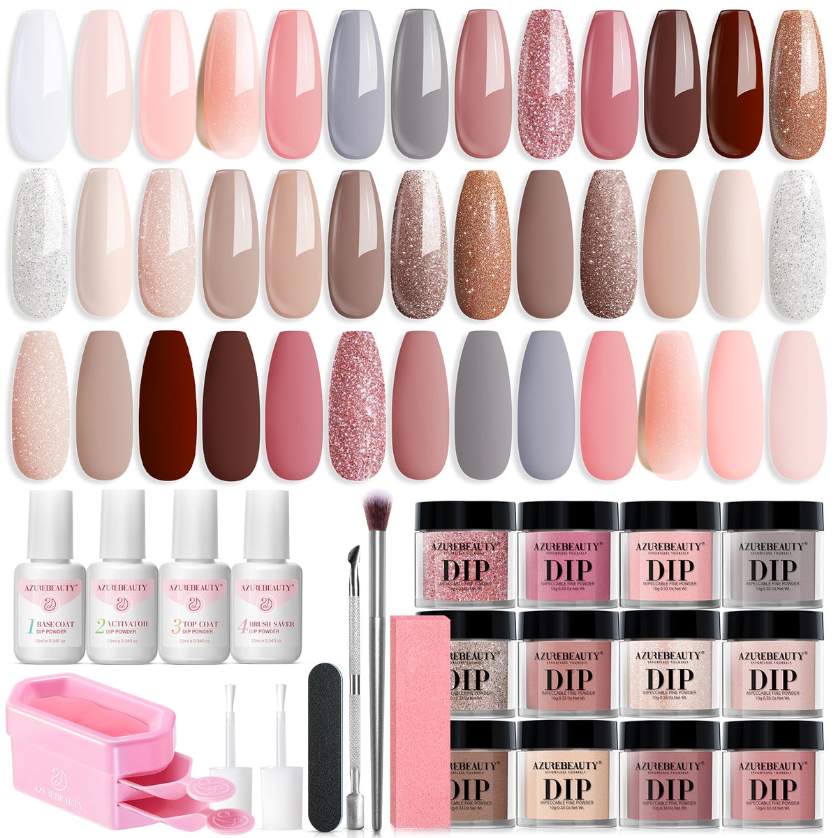 AZUREBEAUTY front packaging showing complete 31-piece dip powder kit and benefits