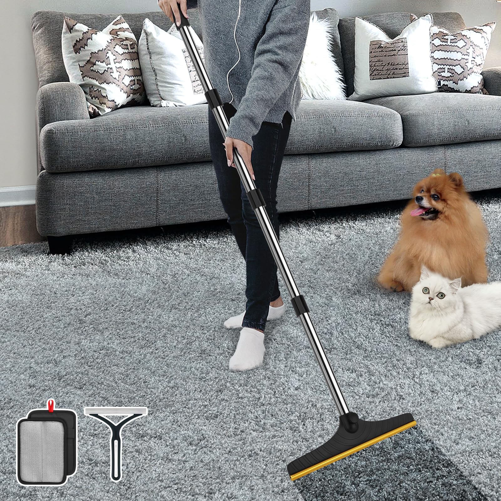 B-Land carpet rake front view showing full tool and ergonomic grip for easy standing cleaning