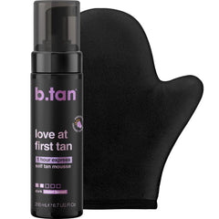 b.tan front packaging showing dark tanning mousse and benefits
