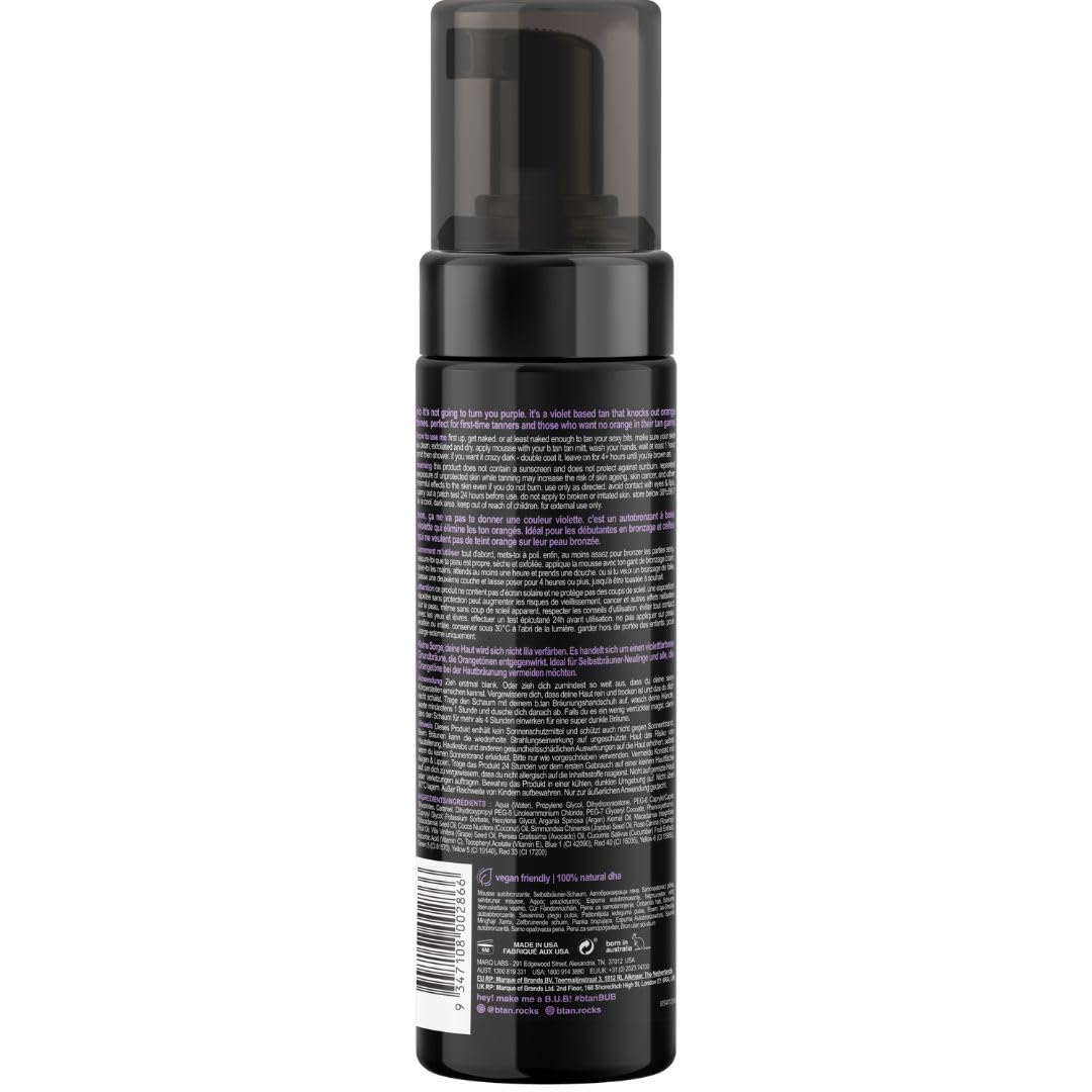 b.tan mitt next to mousse bottle highlighting easy application benefit