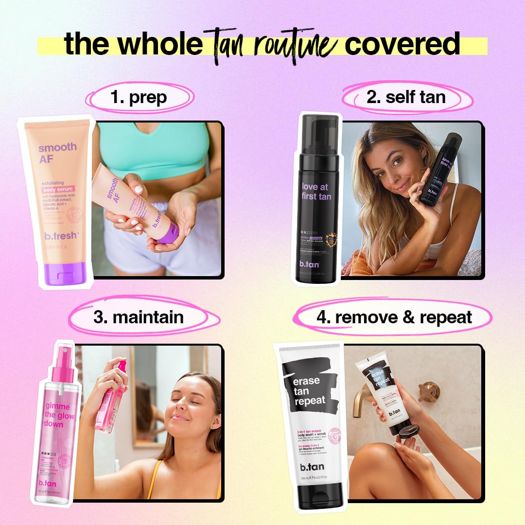 b.tan bottle beside hand to show 6.7 fl oz size and travel-friendly benefit