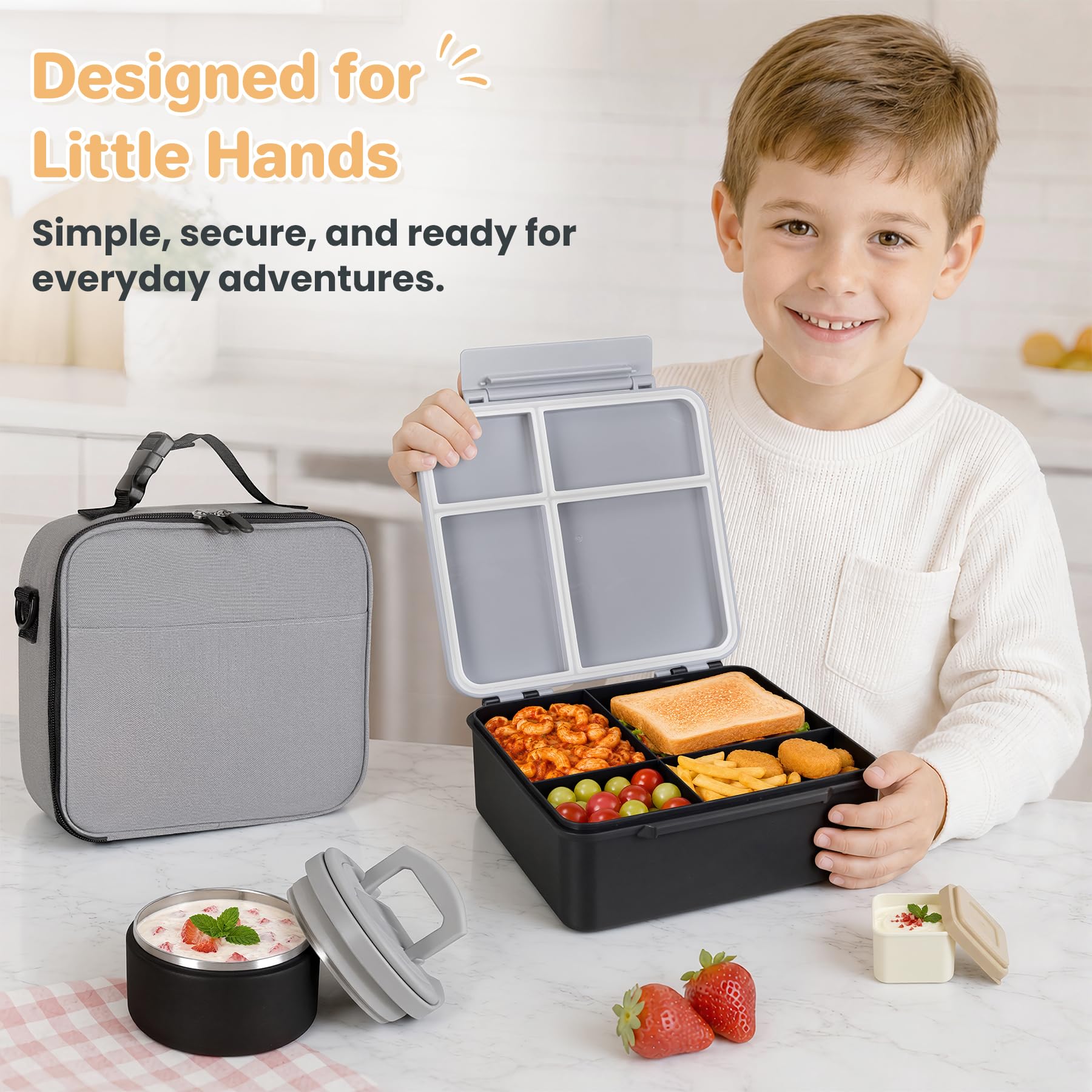 BABHAMNESS bento next to backpack illustrating compact size and portability