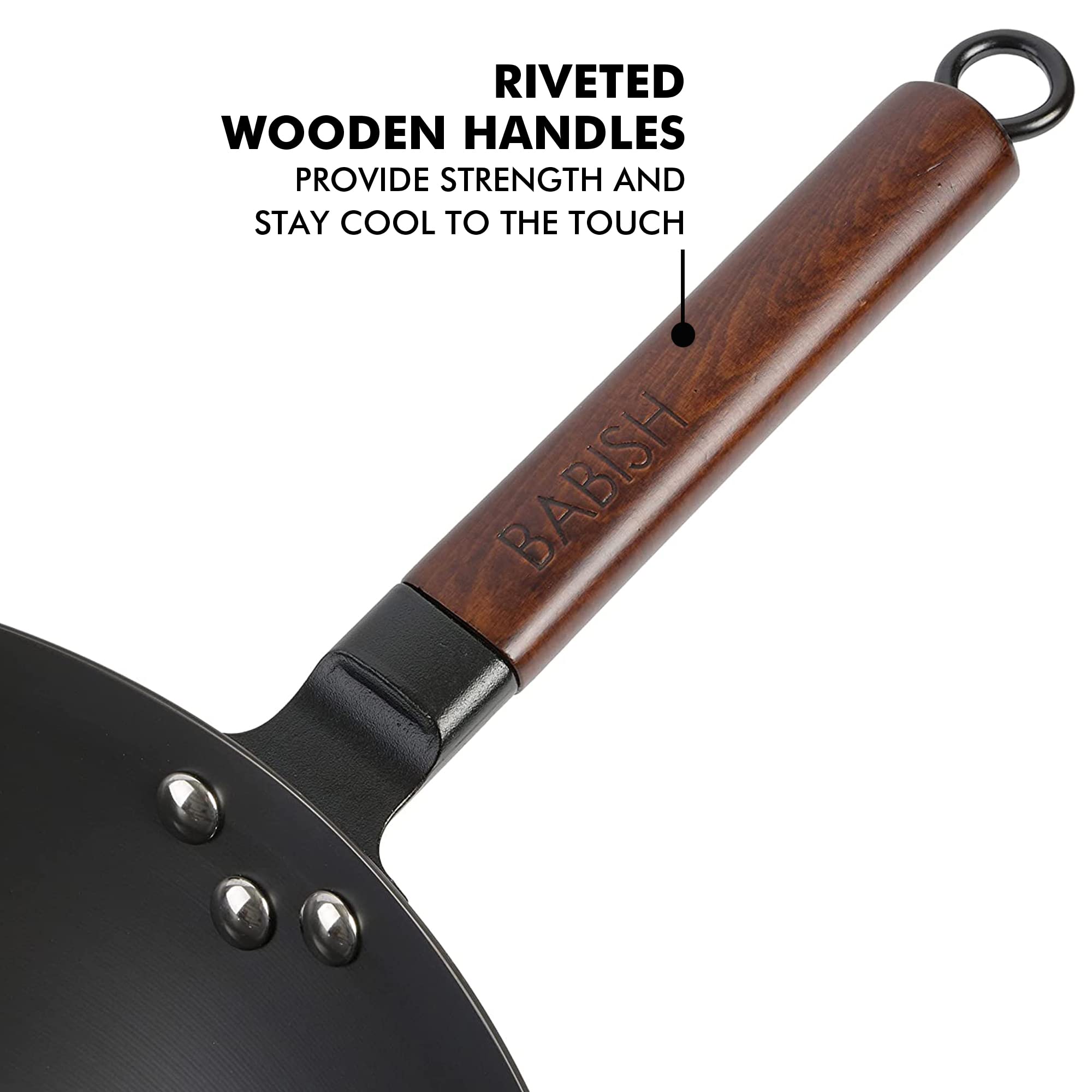 Babish wooden handle and rivets detail offering a secure cool-grip during tossing