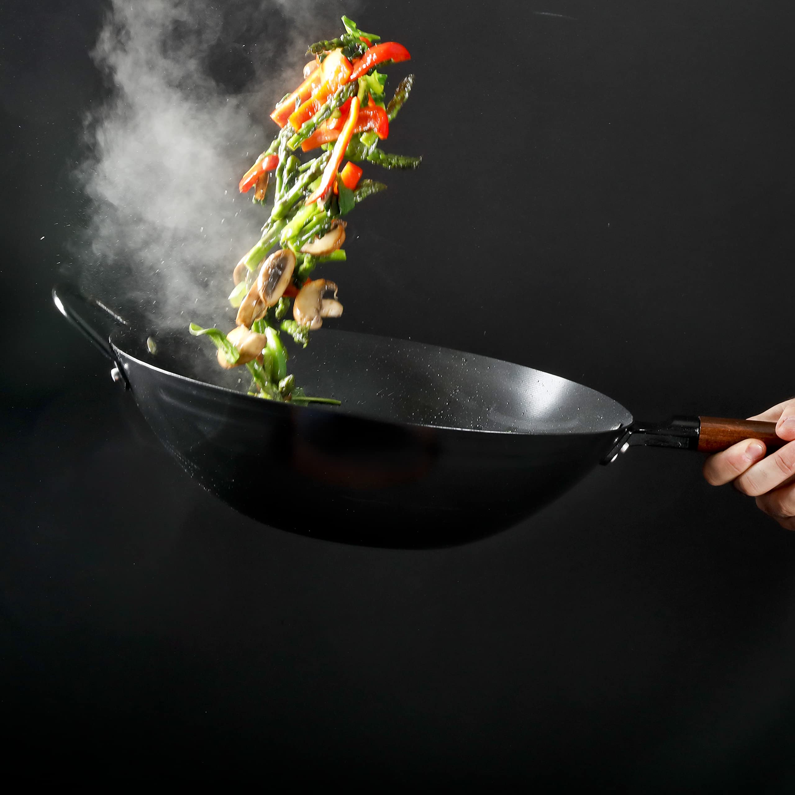 Babish wok next to vegetables and meat showing capacity and real-world size benefit