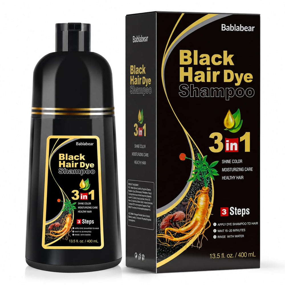 Bablabear front packaging showing the black hair dye shampoo and benefits