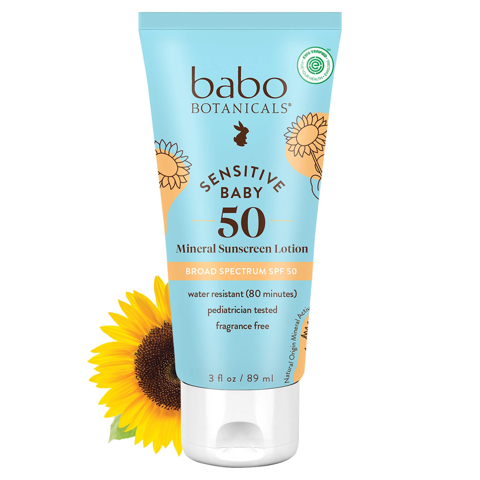 Babo Botanicals front tube showing SPF50 and gentle baby protection