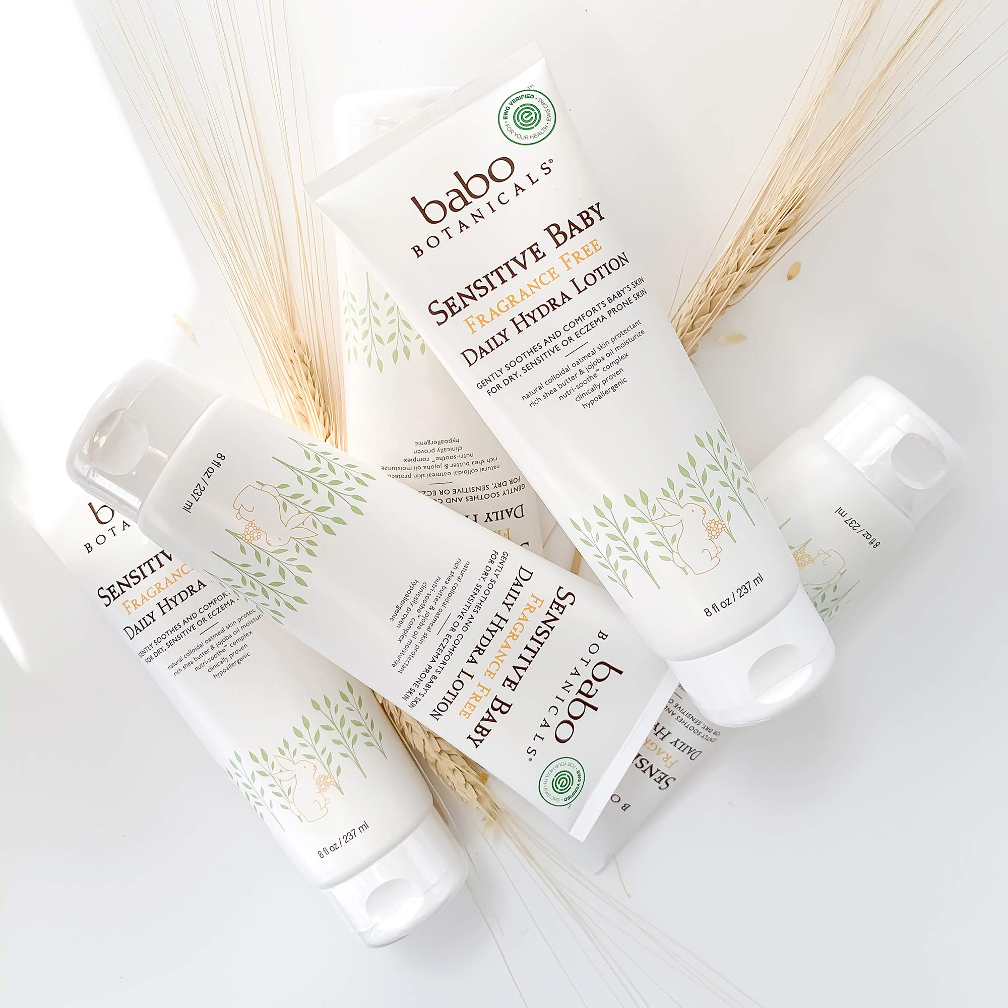 Babo Botanicals close-up label detail showing EWG Verified and pediatrician-tested benefit