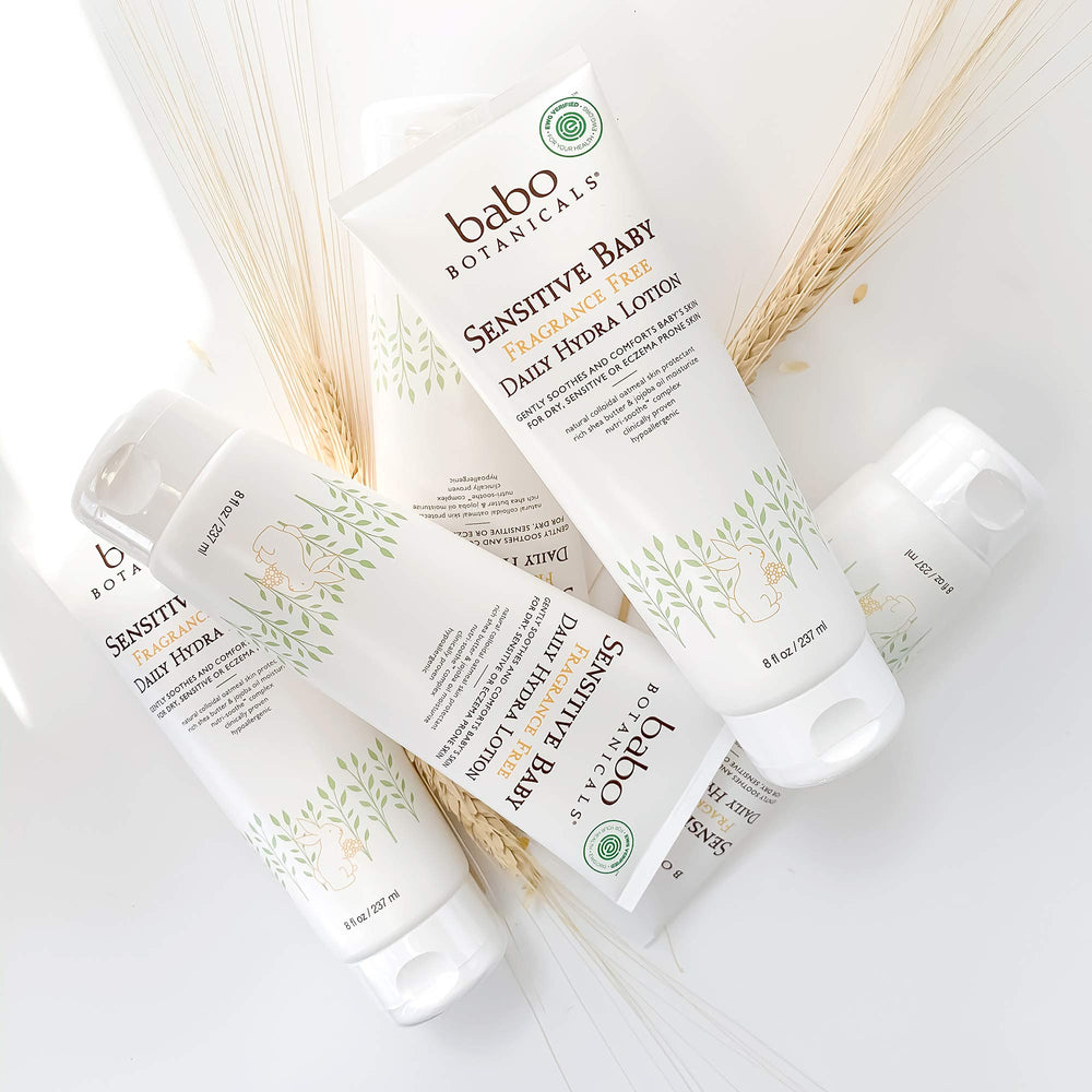 Babo Botanicals close-up label detail showing EWG Verified and pediatrician-tested benefit