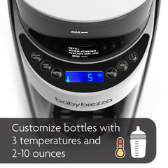 Baby Brezza control panel close-up highlighting temperature and volume settings