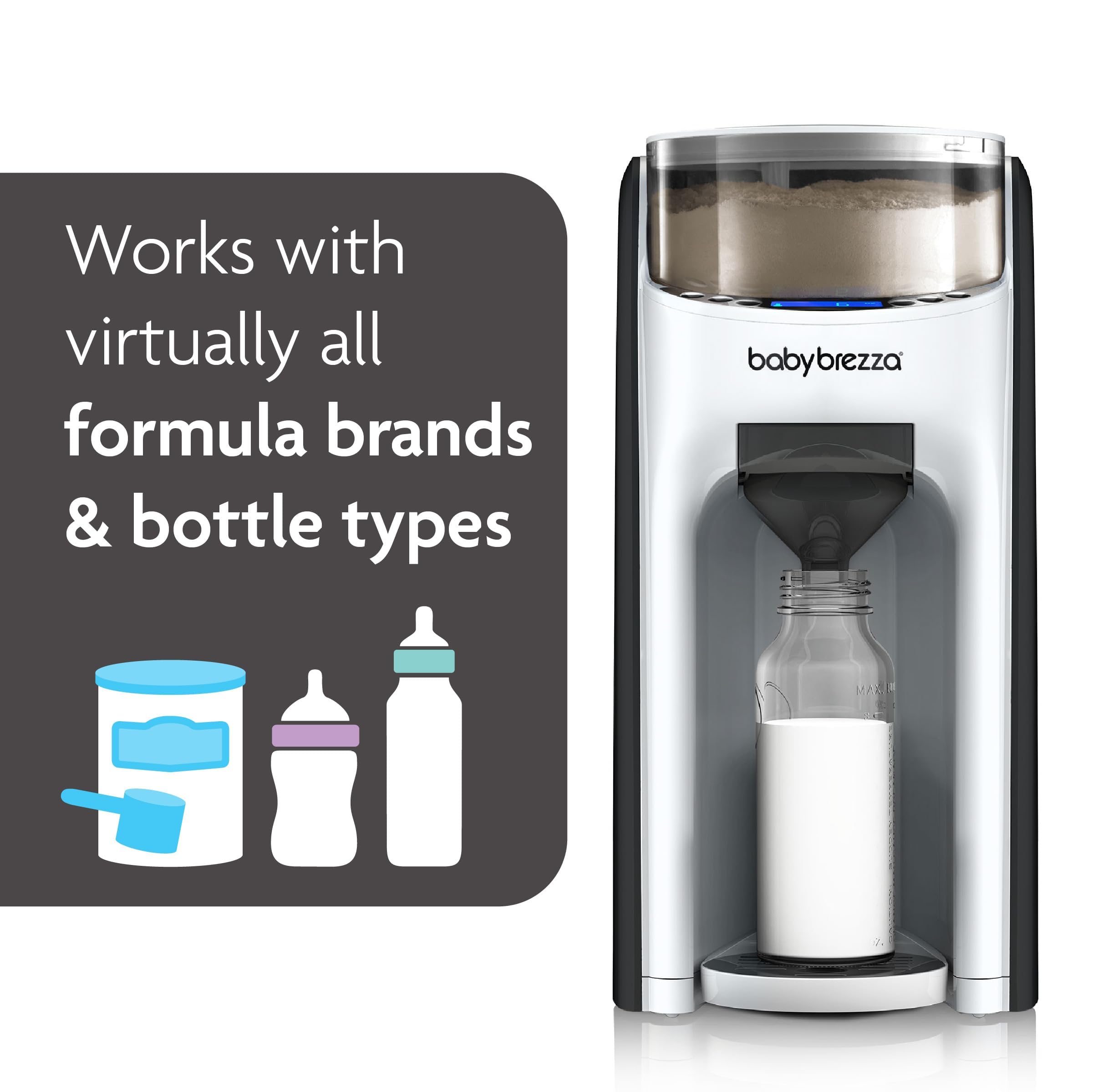 Baby Brezza dispensing a warm bottle demonstrating fast, hands-free preparation