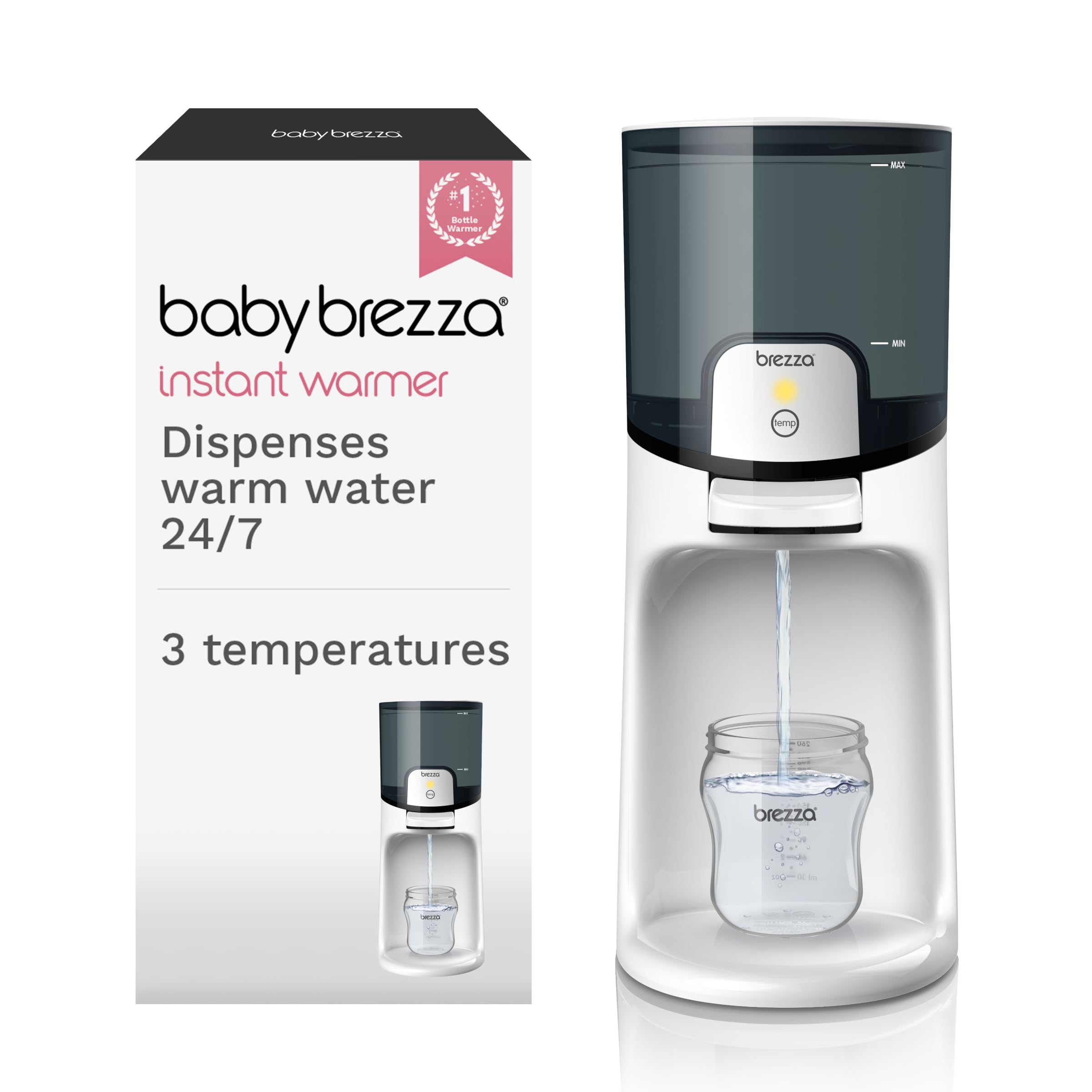 Baby Brezza front view showing unit and ready-to-use benefit