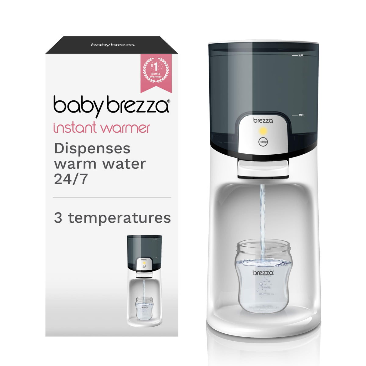 Baby Brezza front view showing unit and ready-to-use benefit
