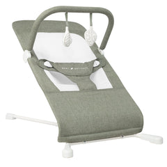 Baby Delight front view of bouncer showing sage tweed and harness for stylish comfort