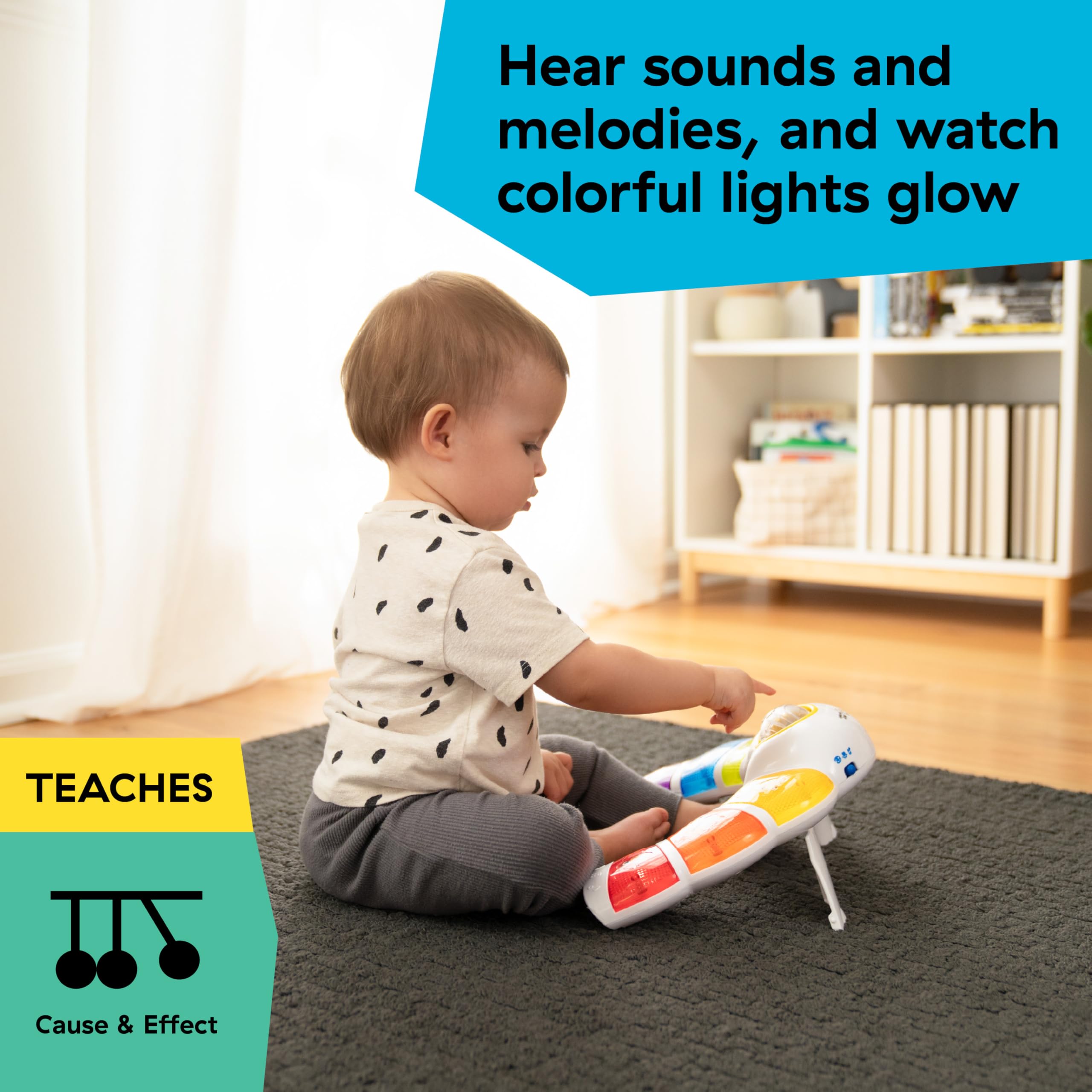 Baby Einstein flat on mat for tummy time, motivates head lifting gently