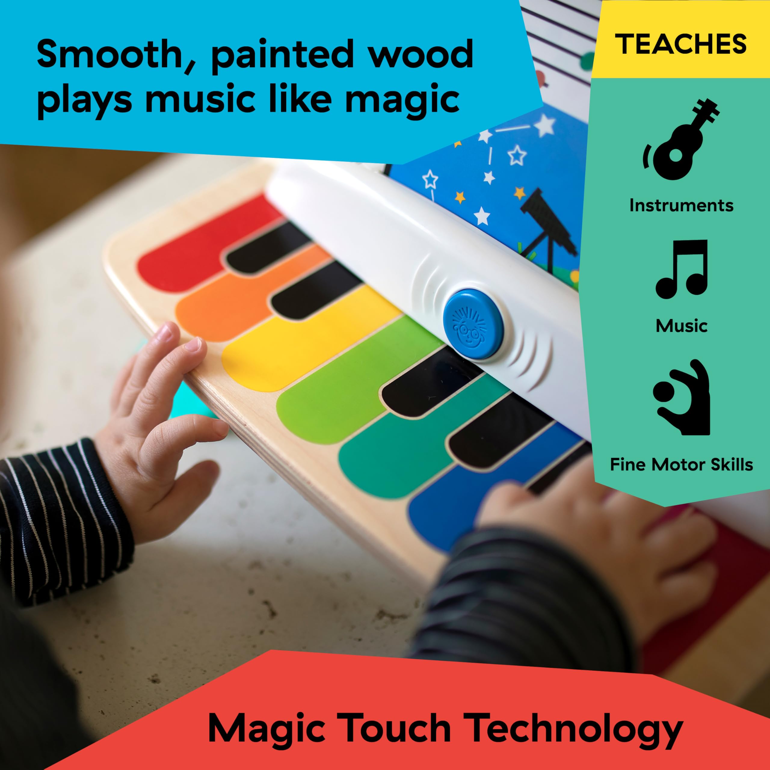 Baby Einstein piano with three music sheets showing guided play and beginner song practice benefit