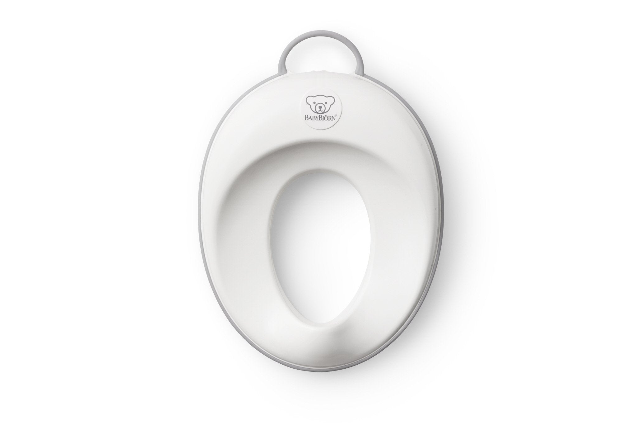 BabyBjörn toilet trainer front view showing white and gray ergonomic seat for comfort
