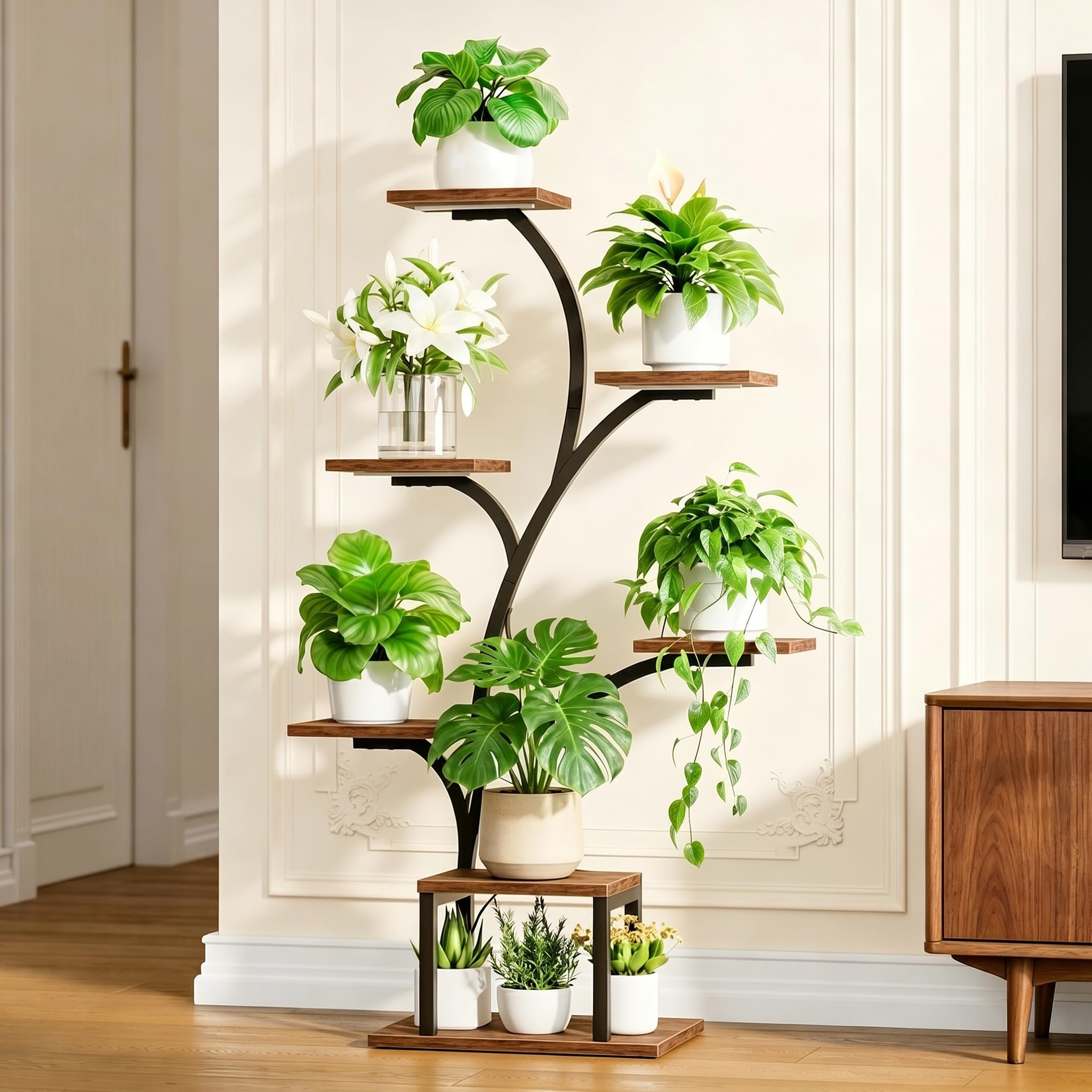 BACEKOLL plant stand styled in living room enhancing greenery and home decor