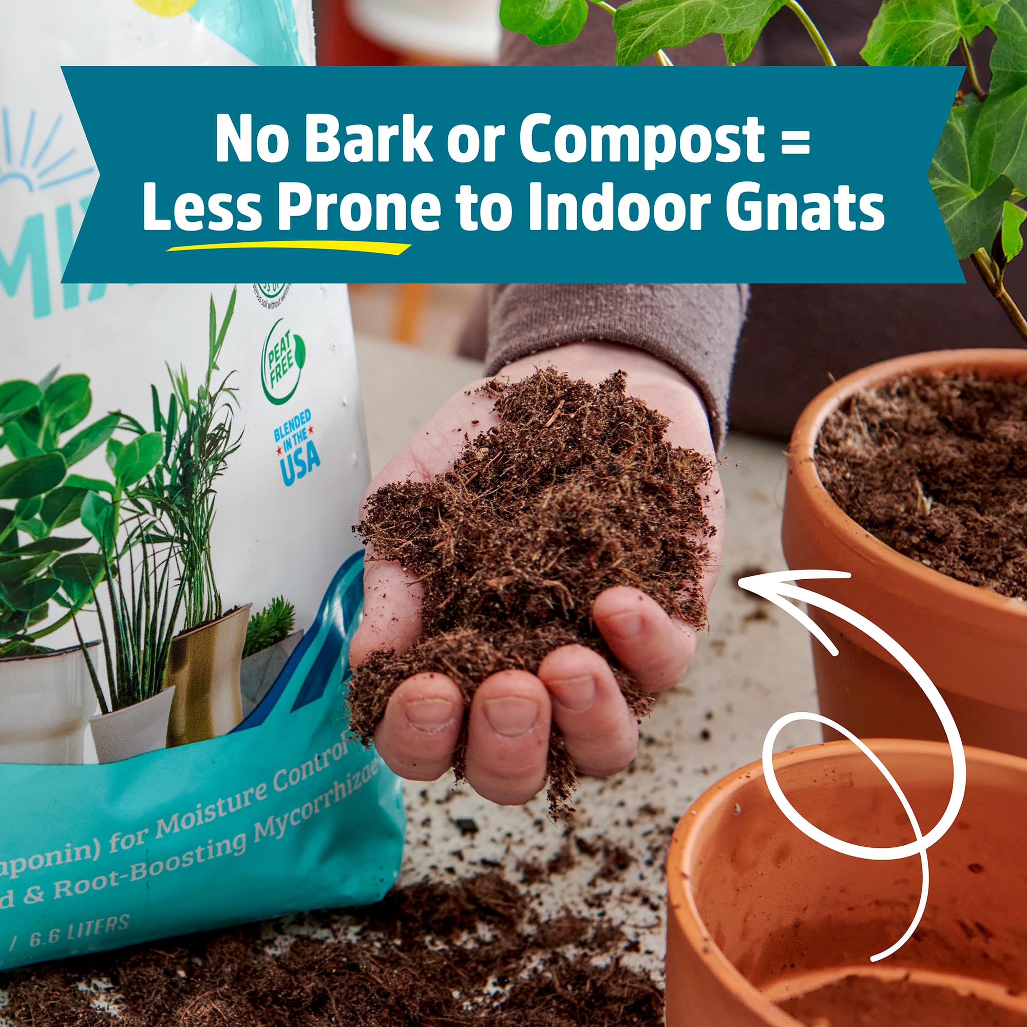 Back to the Roots bag beside a planter to show 12 quart size for multiple pots