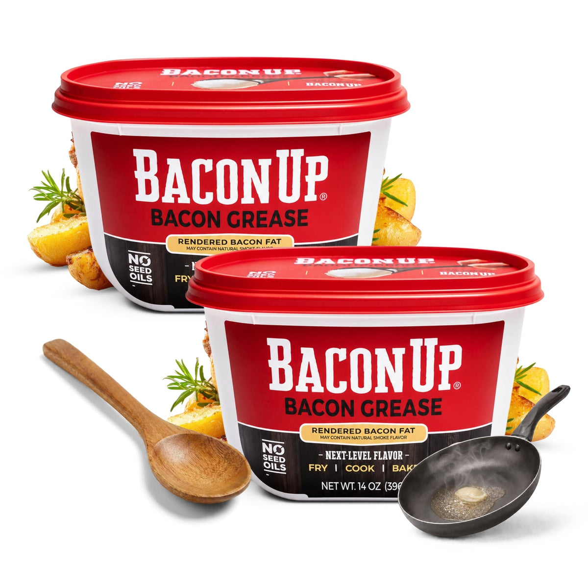 Bacon Up front tub with spoon showing ready-to-use convenience and flavor