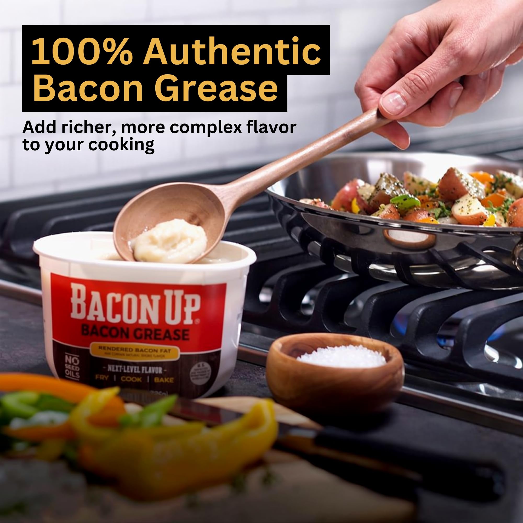 Bacon Up open tub close-up texture highlighting clean triple-filtered grease