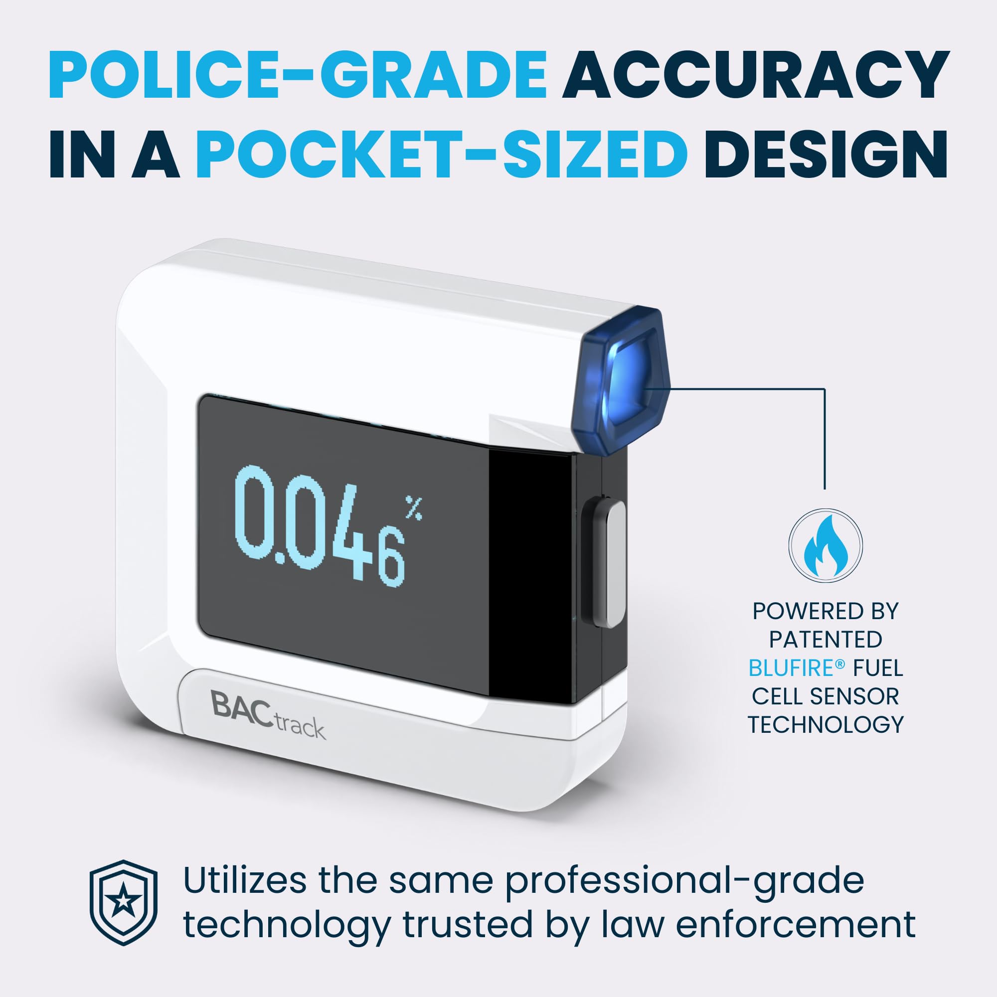 BACtrack C8 sensor close-up highlighting BluFire fuel cell accuracy benefit