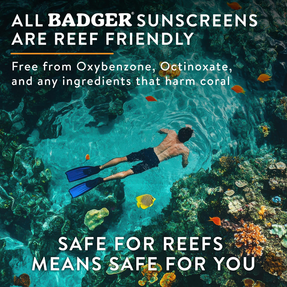 Badger sunscreen being applied to face offering no-sting protection benefit