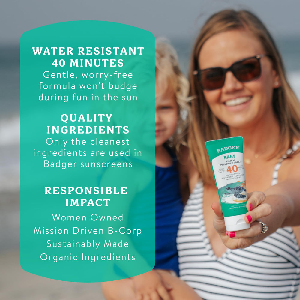 Badger sunscreen in a family beach setting protecting sensitive skin outdoors