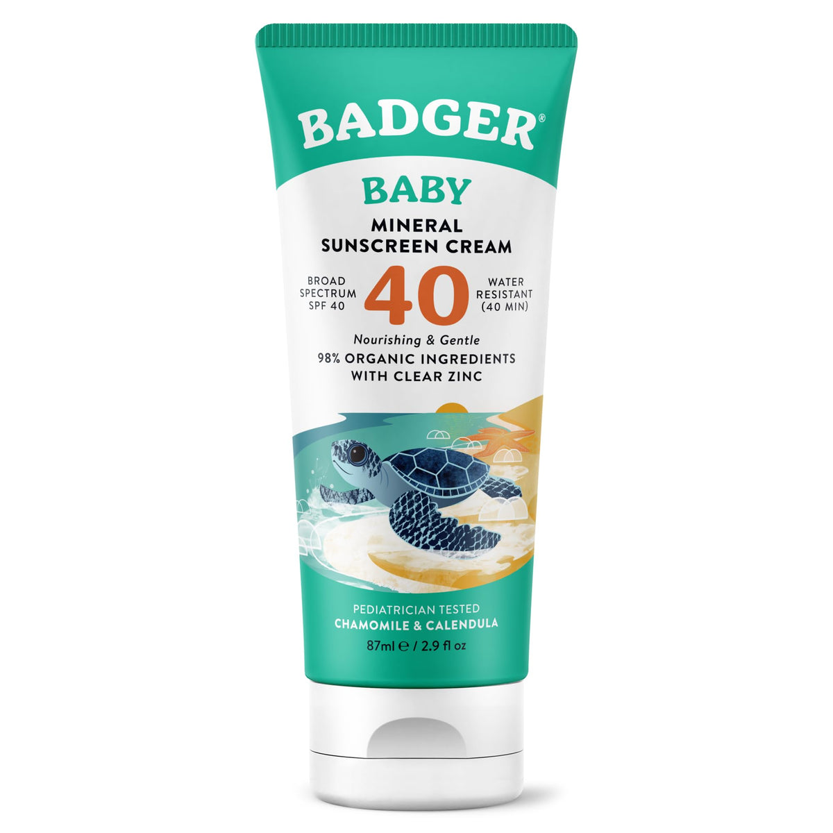 Badger tube front packaging shows SPF 40 and gentle protection benefits