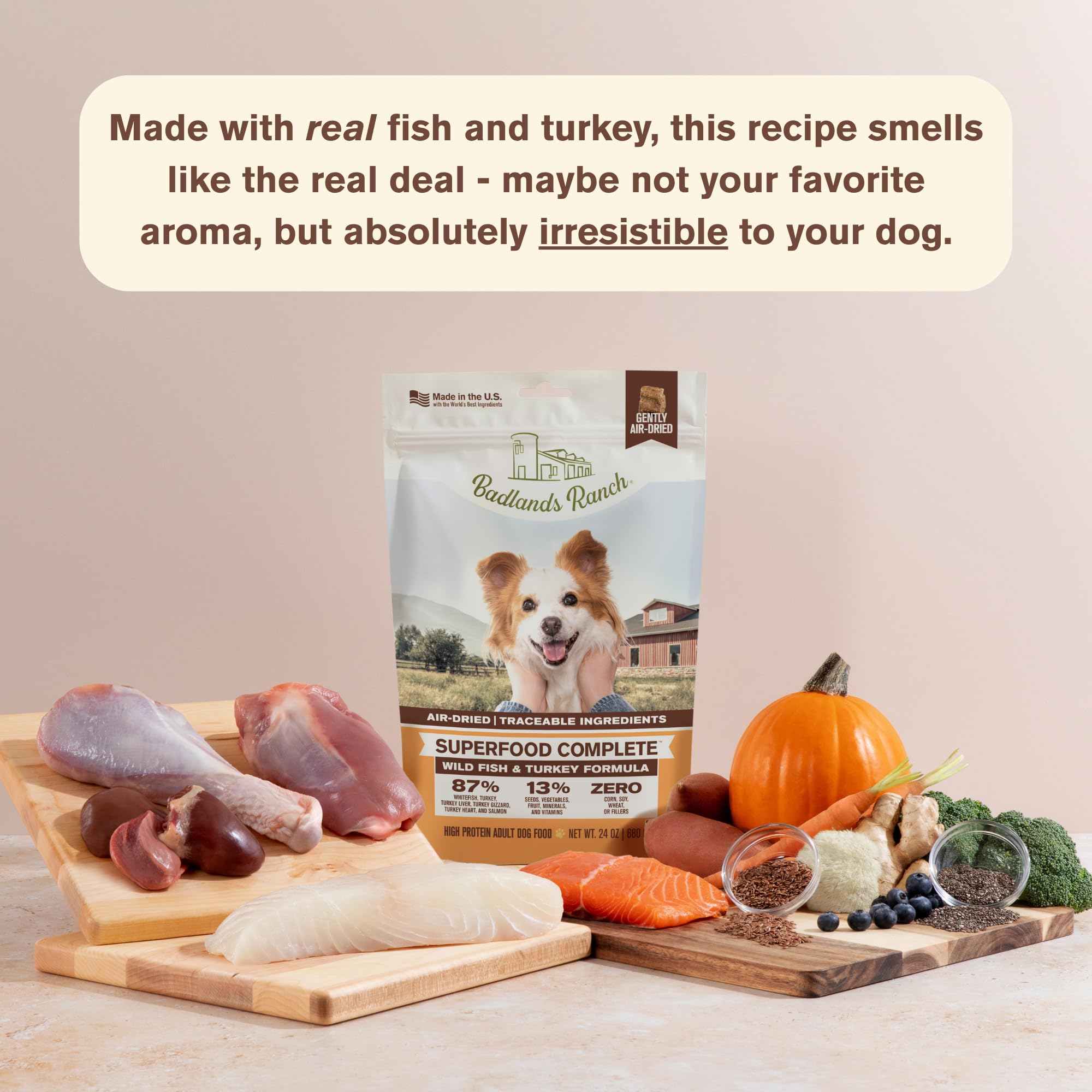 BADLANDS RANCH sprinkled as topper on kibble to boost palatability