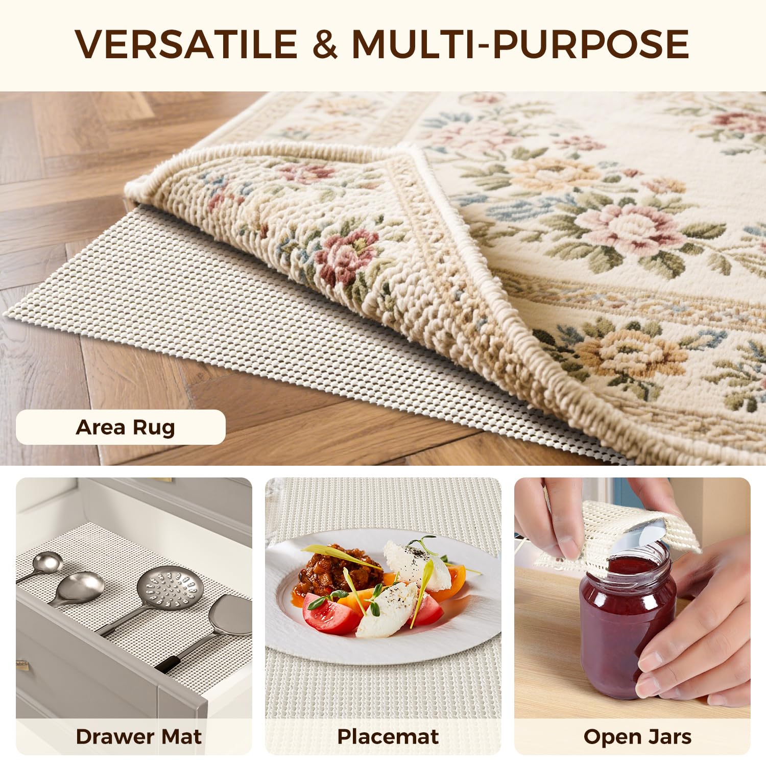 BAGAIL BASICS in a living room scene showing a secured rug and protected hardwood floors