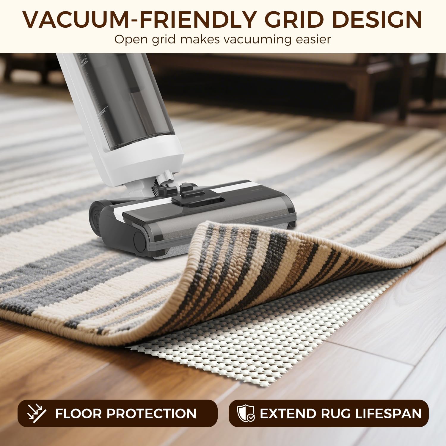 BAGAIL BASICS trimmed pad fitted to rug edge showing easy customization with scissors