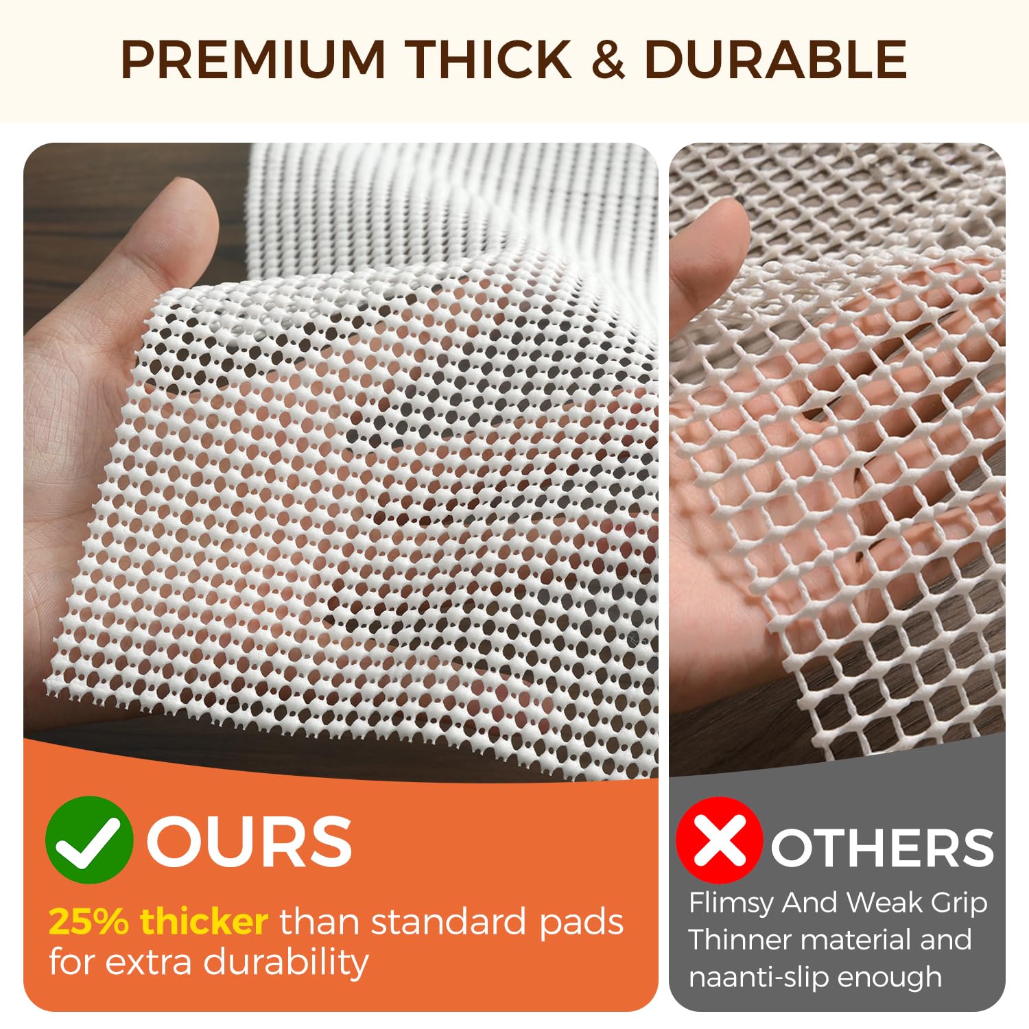 BAGAIL BASICS pad placed under area rug demonstrating non-slip stability and safety