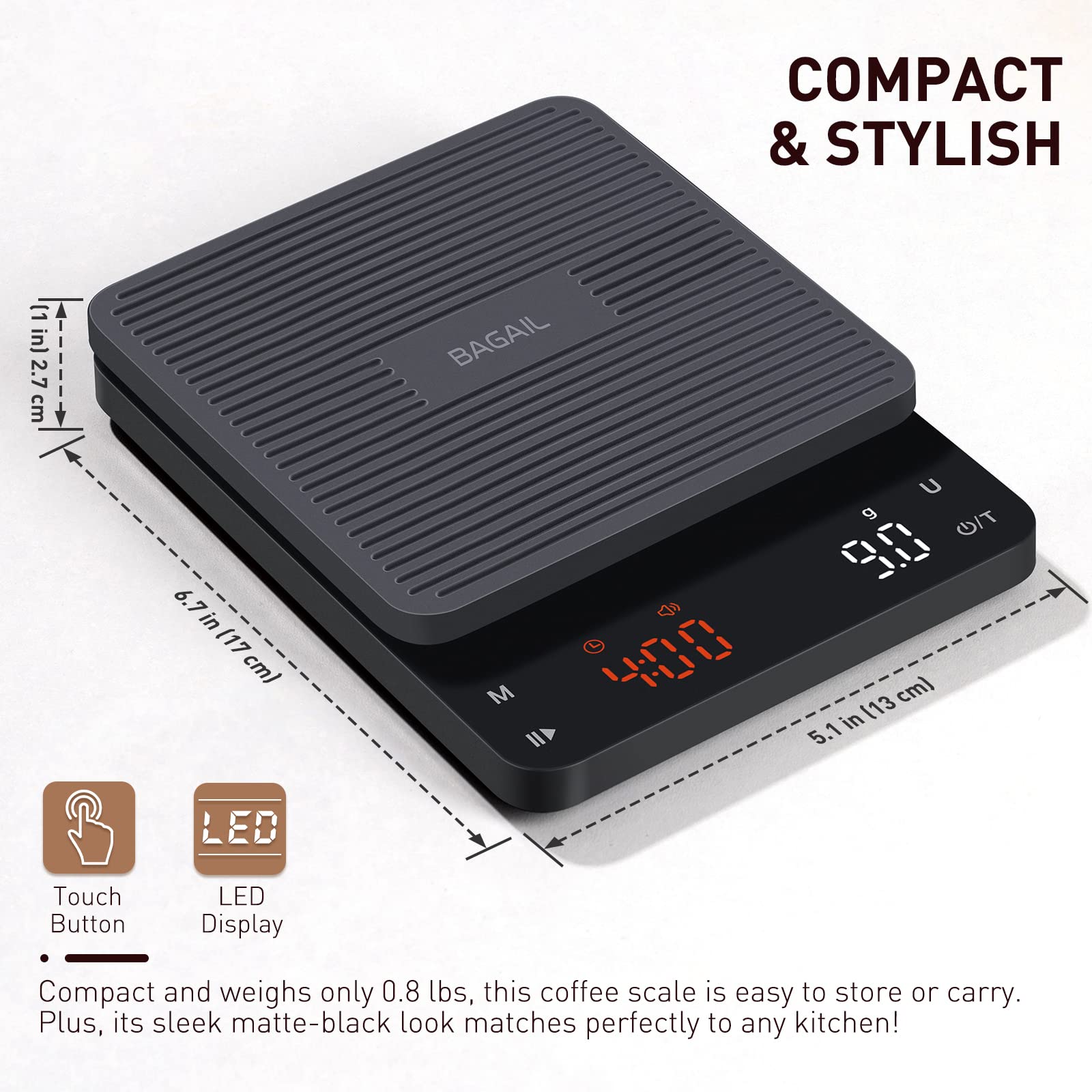 BAGAIL BASICS scale in use with pour over dripper demonstrating steady measurements benefit