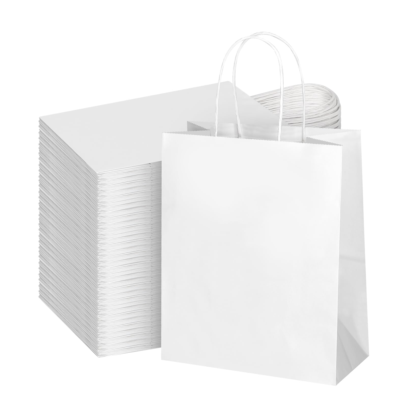 bagmad front view of 100-pack white kraft bags showing neat stacked presentation and convenience