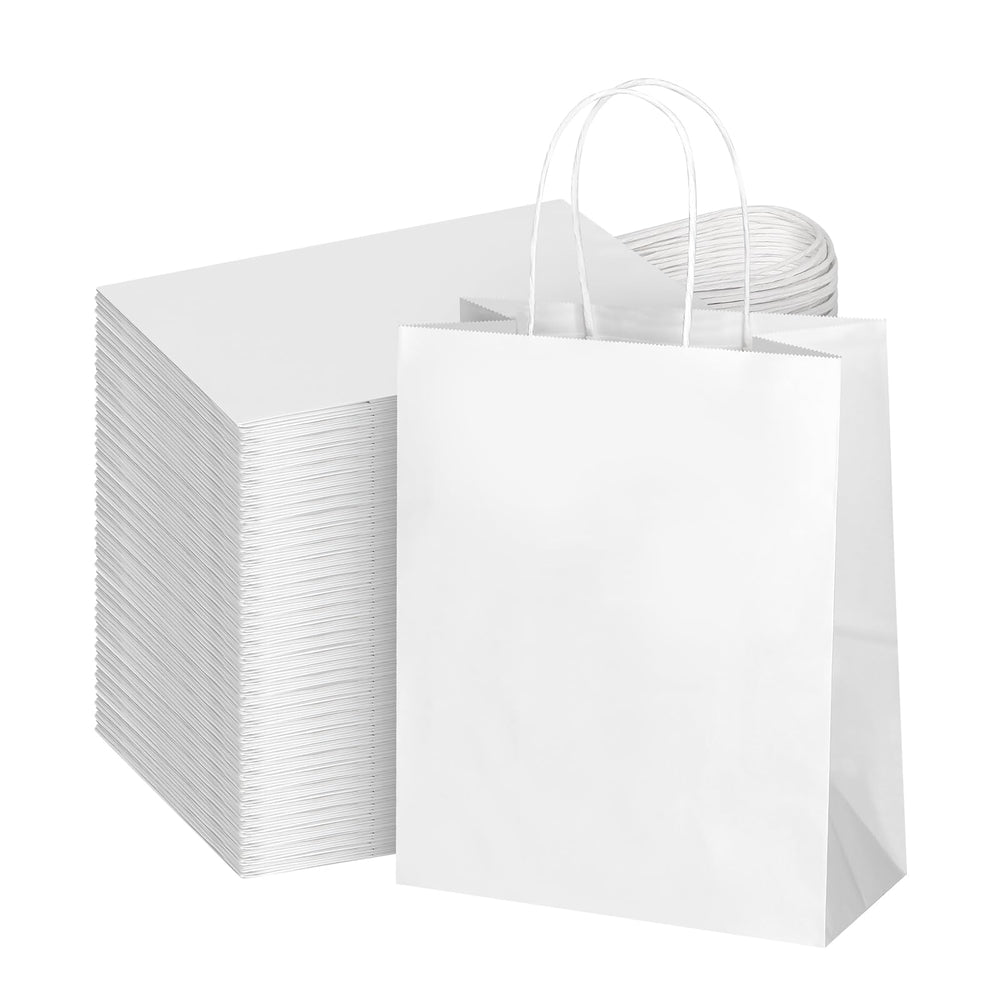bagmad front view of 100-pack white kraft bags showing neat stacked presentation and convenience