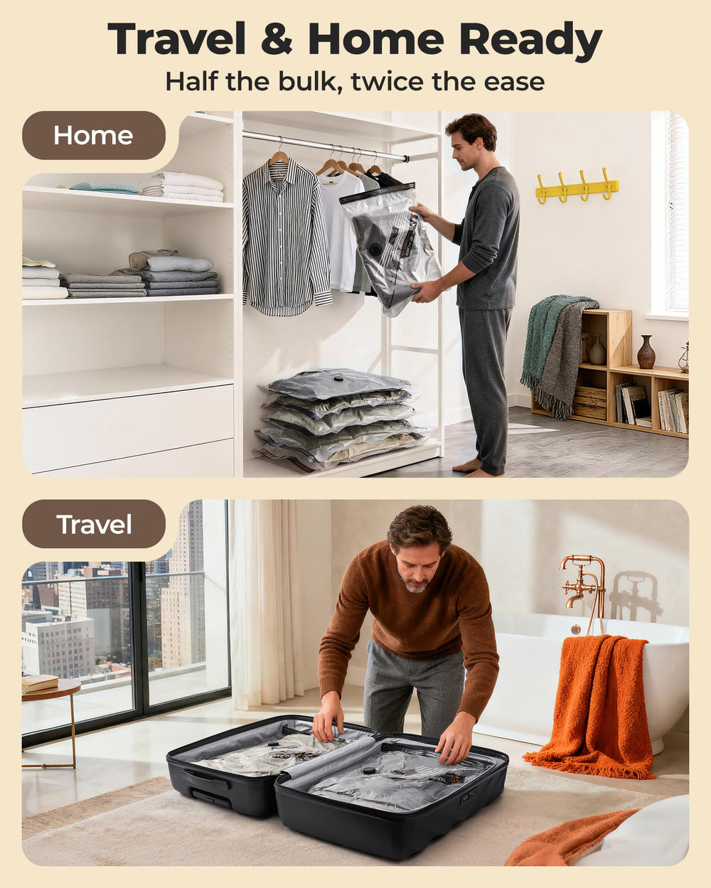 BAGSMART vacuum bag in a hotel room illustrating easy on-the-go use